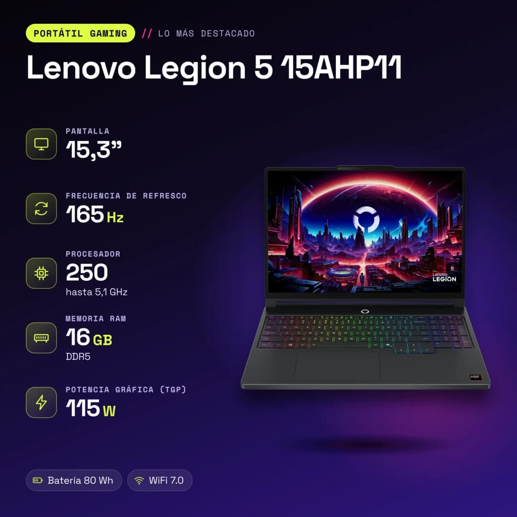 Portátil Lenovo Legion 5 16GB/512GB RTX 5050 15.3 pulgadas OLED WQXGA AMD Ryzen 7 250 SSD NVMe PCIe 4.0 Windows 11 Home Negro 15AHP11 - características