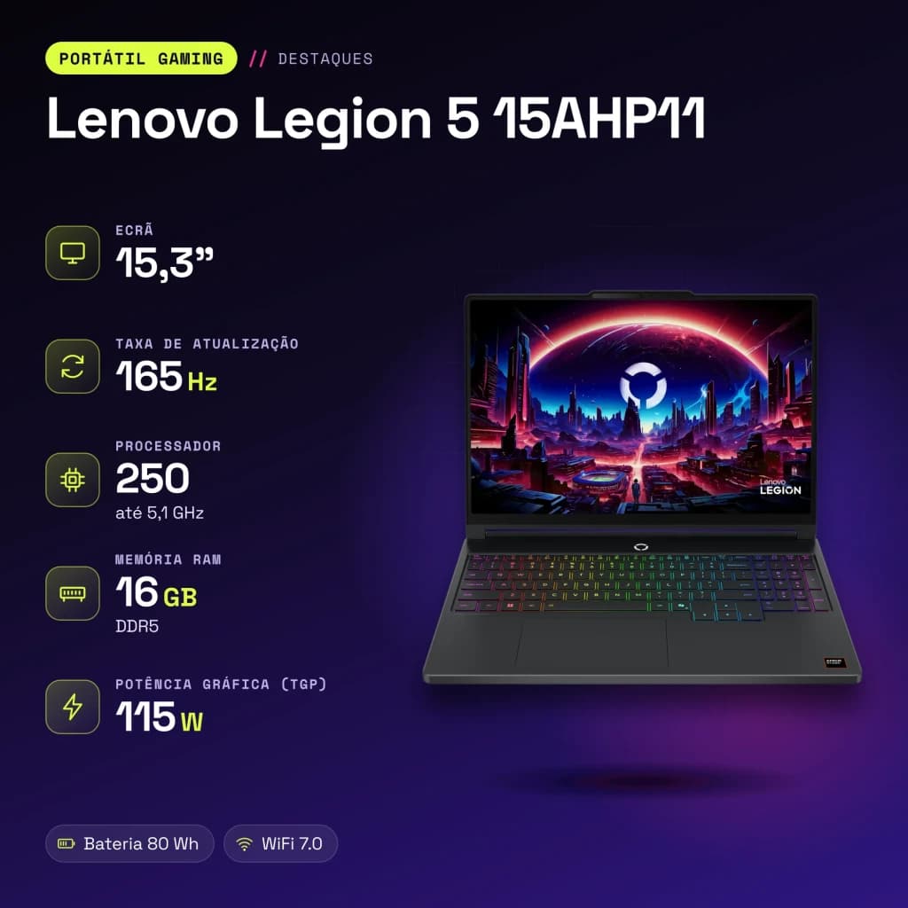 Portátil Lenovo Legion 5 16GB/512GB RTX 5050 15.3 pulgadas OLED WQXGA AMD Ryzen 7 250 SSD NVMe PCIe 4.0 Windows 11 Home Negro 15AHP11 - características