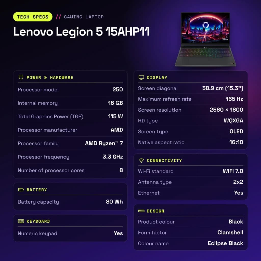 Portátil Lenovo Legion 5 16GB/512GB RTX 5050 15.3 pulgadas OLED WQXGA AMD Ryzen 7 250 SSD NVMe PCIe 4.0 Windows 11 Home Negro 15AHP11 - características