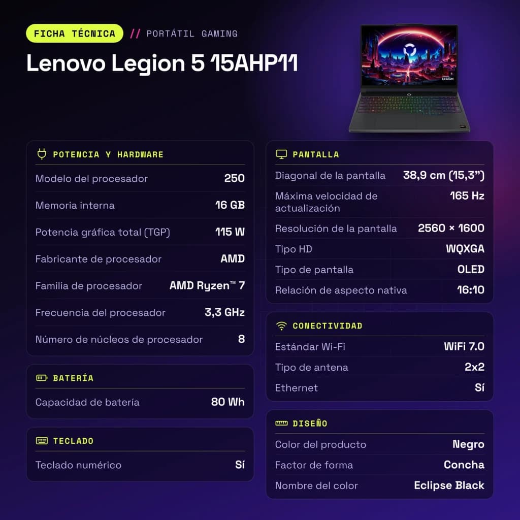 Portátil Lenovo Legion 5 16GB/512GB RTX 5050 15.3 pulgadas OLED WQXGA AMD Ryzen 7 250 SSD NVMe PCIe 4.0 Windows 11 Home Negro 15AHP11 - características