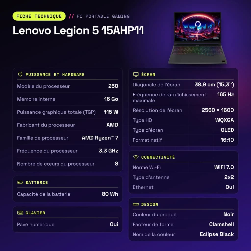 Portátil Lenovo Legion 5 16GB/512GB RTX 5050 15.3 pulgadas OLED WQXGA AMD Ryzen 7 250 SSD NVMe PCIe 4.0 Windows 11 Home Negro 15AHP11 - características