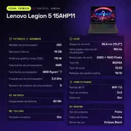 Portátil Lenovo Legion 5 16GB/512GB RTX 5050 15.3 pulgadas OLED WQXGA AMD Ryzen 7 250 SSD NVMe PCIe 4.0 Windows 11 Home Negro 15AHP11 - características