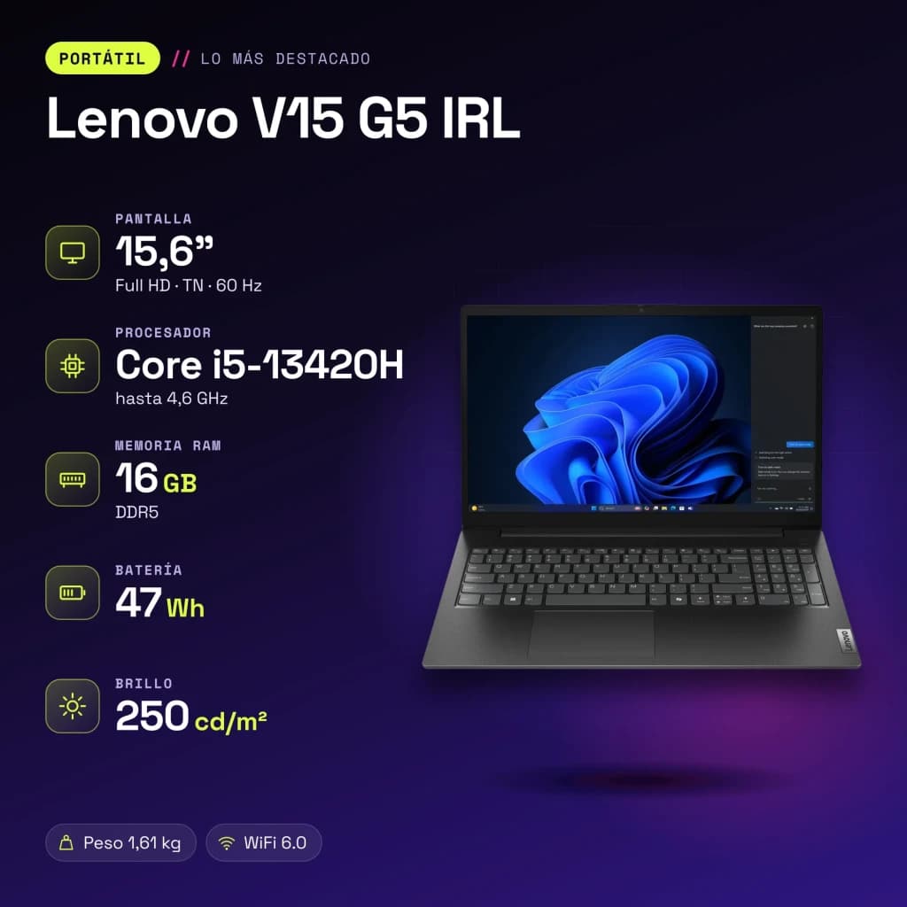 Portátil Lenovo V15 G5 IRL 16GB/512GB 15.6 polegadas FHD Intel Core i5-13420H SSD NVMe PCIe 4.0 Sem Sistema Operativo Preto - características
