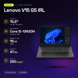 Portátil Lenovo V15 G5 IRL 16GB/512GB 15.6 polegadas FHD Intel Core i5-13420H SSD NVMe PCIe 4.0 Sem Sistema Operativo Preto - características