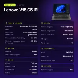 Portátil Lenovo V15 G5 IRL 16GB/512GB 15.6 polegadas FHD Intel Core i5-13420H SSD NVMe PCIe 4.0 Sem Sistema Operativo Preto - características