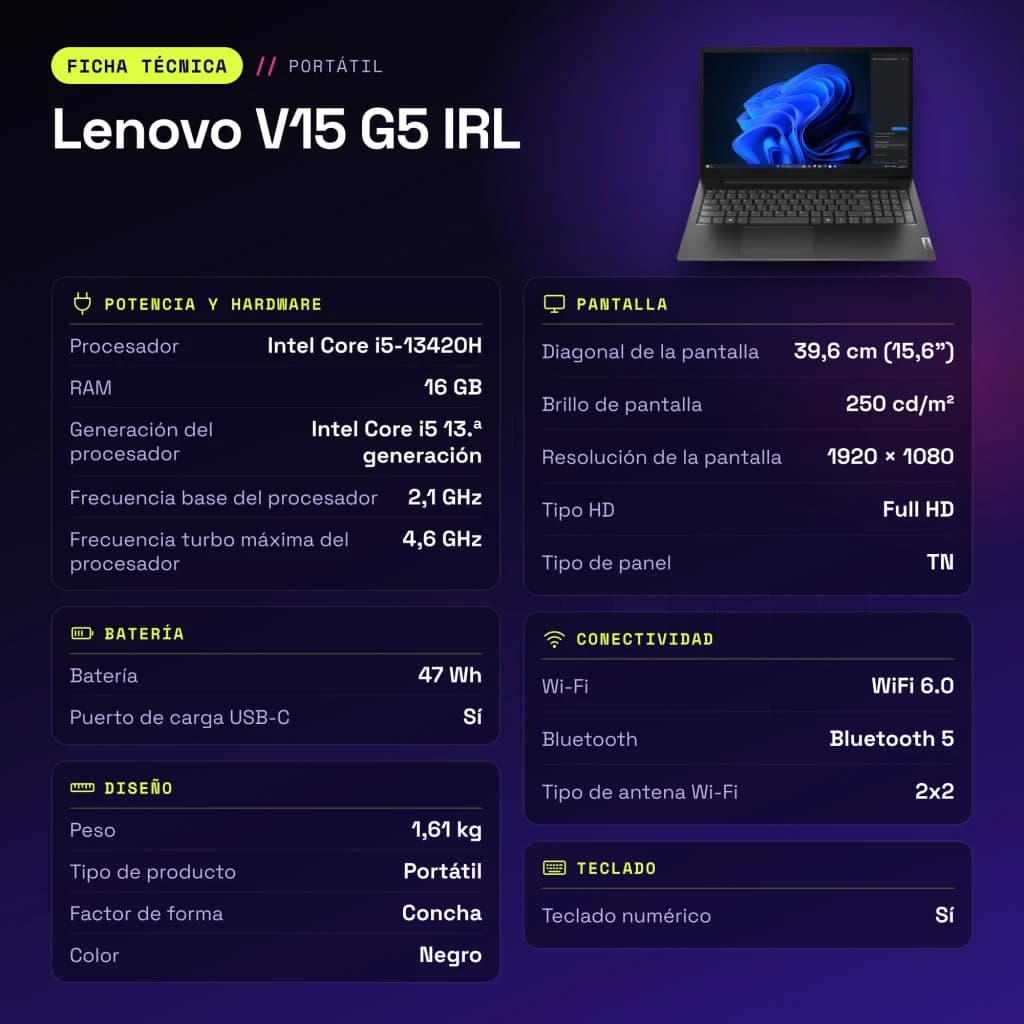Portátil Lenovo V15 G5 IRL 16GB/512GB 15.6 polegadas FHD Intel Core i5-13420H SSD NVMe PCIe 4.0 Sem Sistema Operativo Preto - características