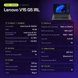 Portátil Lenovo V15 G5 IRL 16GB/512GB 15.6 polegadas FHD Intel Core i5-13420H SSD NVMe PCIe 4.0 Sem Sistema Operativo Preto - características