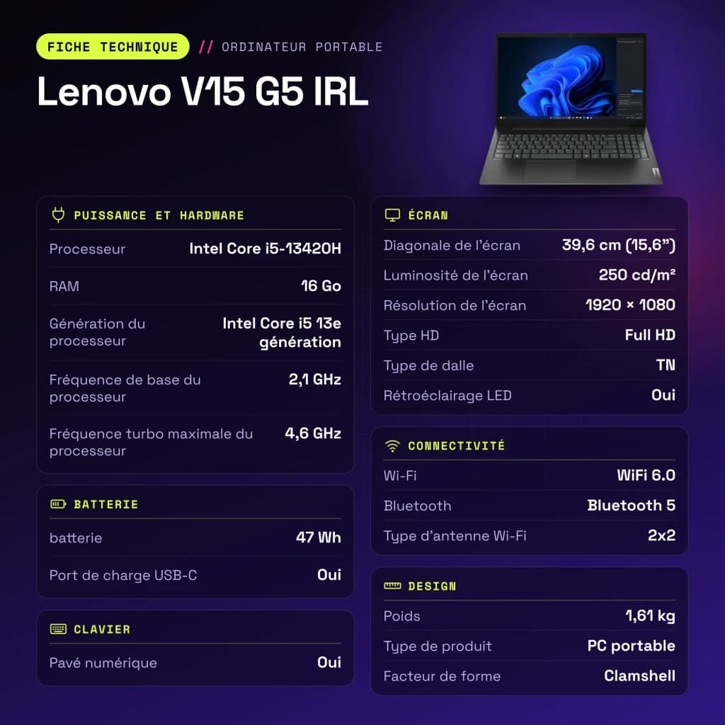 Portátil Lenovo V15 G5 IRL 16GB/512GB 15.6 polegadas FHD Intel Core i5-13420H SSD NVMe PCIe 4.0 Sem Sistema Operativo Preto - características