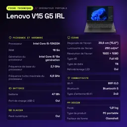Portátil Lenovo V15 G5 IRL 16GB/512GB 15.6 polegadas FHD Intel Core i5-13420H SSD NVMe PCIe 4.0 Sem Sistema Operativo Preto - características