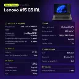 Portátil Lenovo V15 G5 IRL 16GB/512GB 15.6 polegadas FHD Intel Core i5-13420H SSD NVMe PCIe 4.0 Sem Sistema Operativo Preto - características