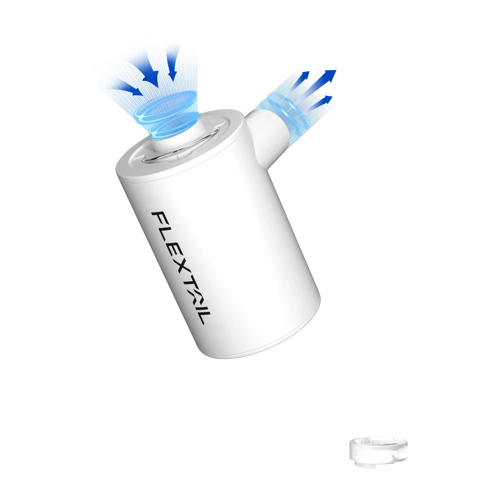 Hinchador Eléctrico Portátil Flextail Tiny Pump X 2024 Blanco, detalle: flujo de aire con flechas azules mostrando doble