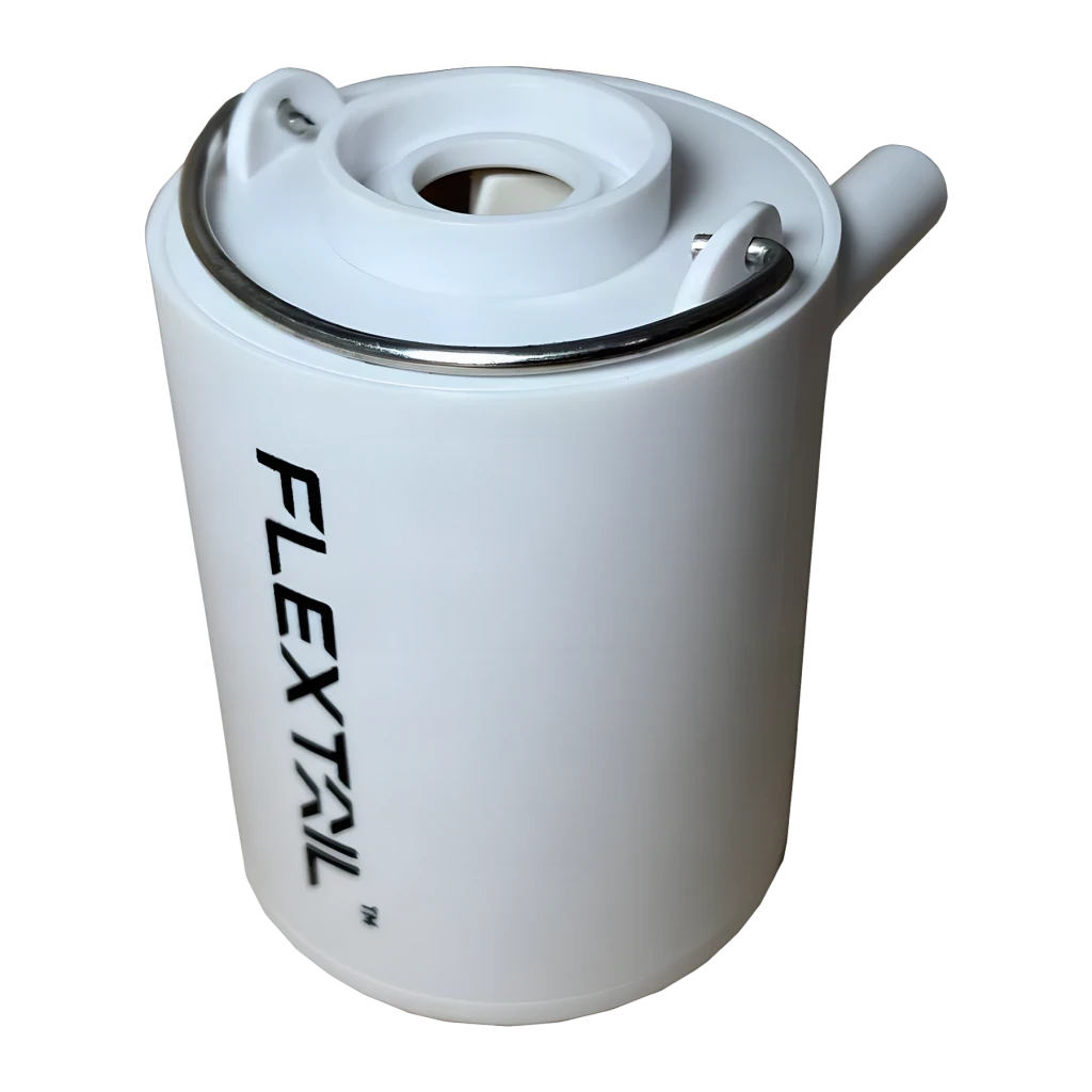 Hinchador Eléctrico Portátil Flextail Tiny Pump X 2024 Blanco, detalle: vista superior en ángulo con boquilla lateral y aro