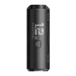 Pompe à Air Portable Flextail Zero Pump Noir USB-C Rechargeable, vue avant: corps cylindrique avec logo, bouton O/I orange