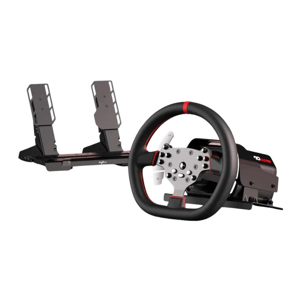 Volant de course PXN V10 Ultra Direct Drive 3,2 Nm PC/Xbox/PS4 Noir, vue de face: volant noir coutures rouges, pavé