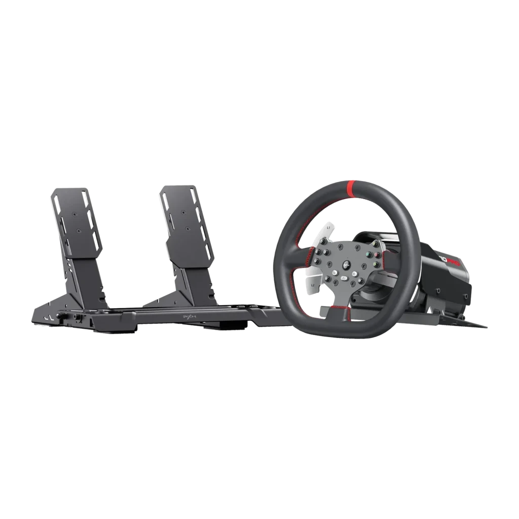 Volant de course PXN V10 Ultra Direct Drive 3,2 Nm PC/Xbox/PS4 Noir, détail: vue latérale avec pédalier, jante noire à bande
