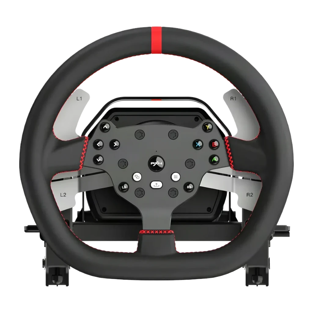 Volant de course PXN V10 Ultra Direct Drive 3,2 Nm PC/Xbox/PS4 Noir, détail face avant: pavé de boutons central, palettes L1