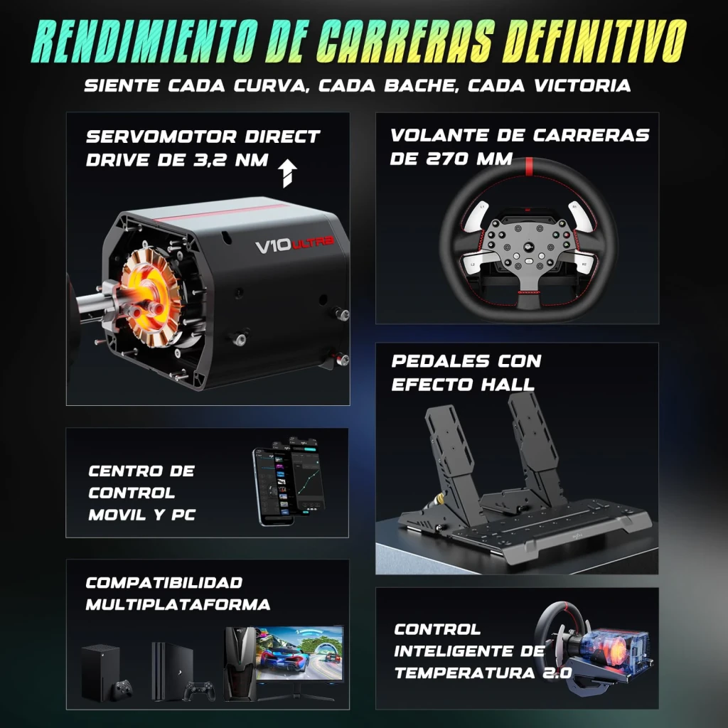 Volant de course PXN V10 Ultra Direct Drive 3,2 Nm PC/Xbox/PS4 Noir, infographie: servomoteur, volant 270 mm, pédales Hall