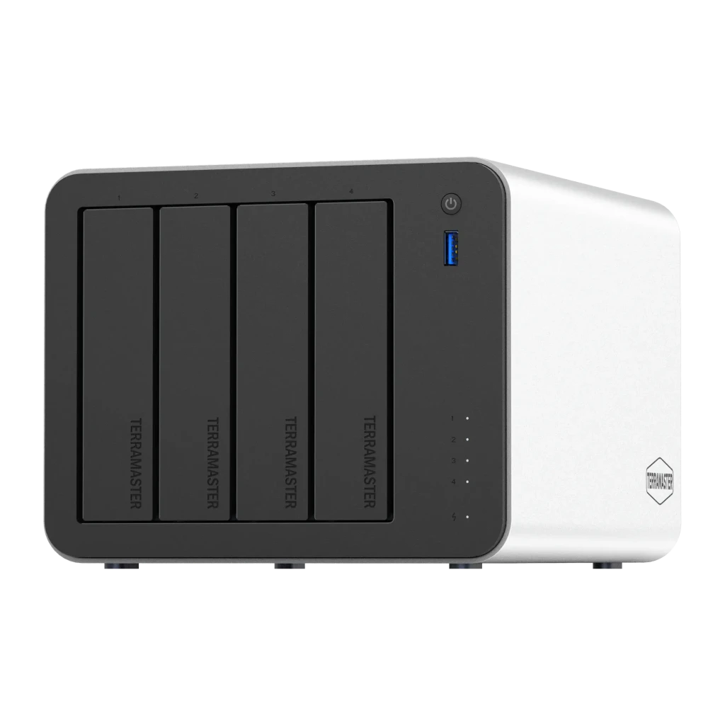 Serveur NAS TerraMaster 8 Go 4 Baies Sans Disque 2×5GbE F4-425 Plus, vue avant: 4 baies vides, bouton d'alimentation, port