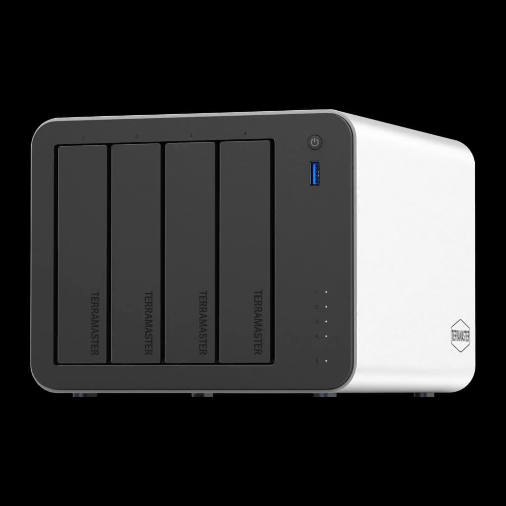 Serveur NAS TerraMaster 8 Go 4 Baies Sans Disque 2×5GbE F4-425 Plus, vue avant: 4 baies vides, bouton d'alimentation, port