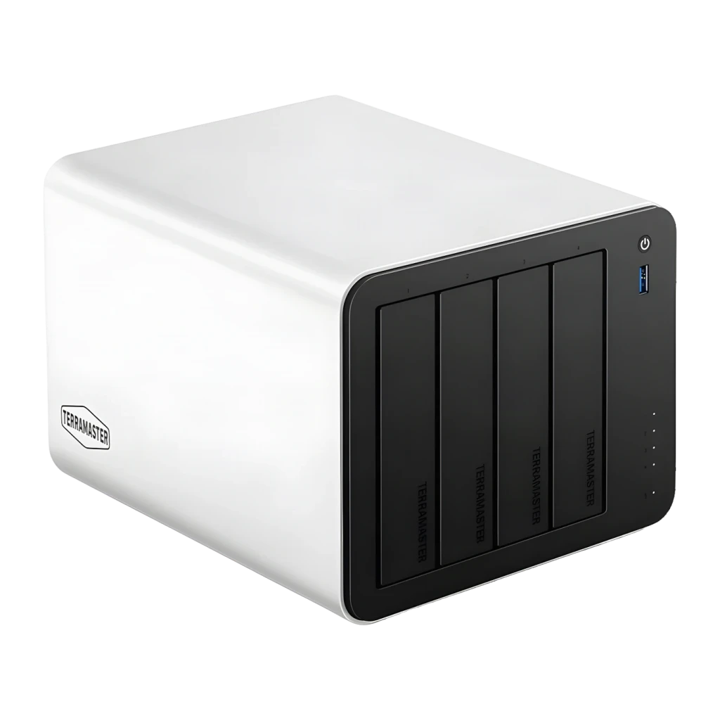 Serveur NAS TerraMaster 8 Go 4 Baies Sans Disque 2×5GbE F4-425 Plus, détail avant: 4 baies noires, bouton d'alimentation