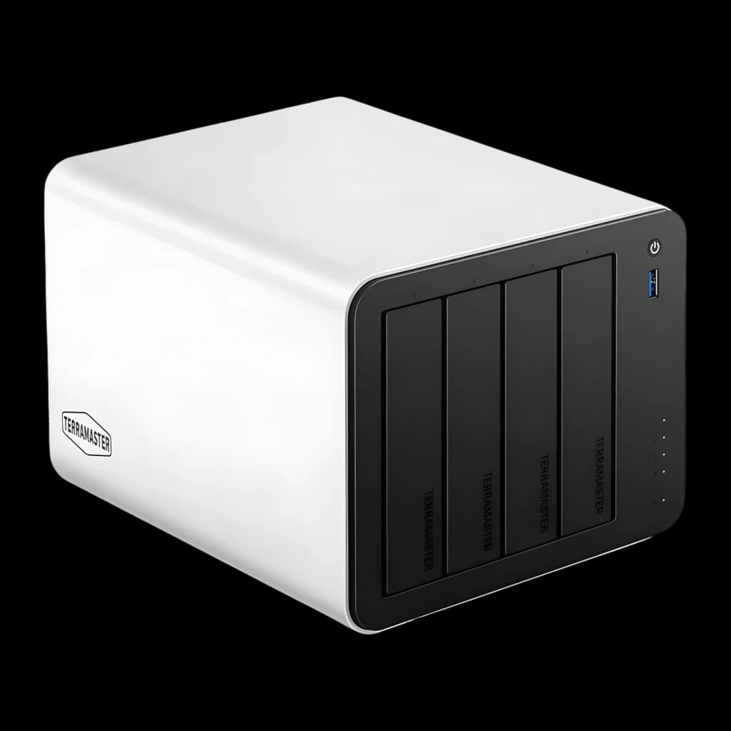 Serveur NAS TerraMaster 8 Go 4 Baies Sans Disque 2×5GbE F4-425 Plus, détail avant: 4 baies noires, bouton d'alimentation