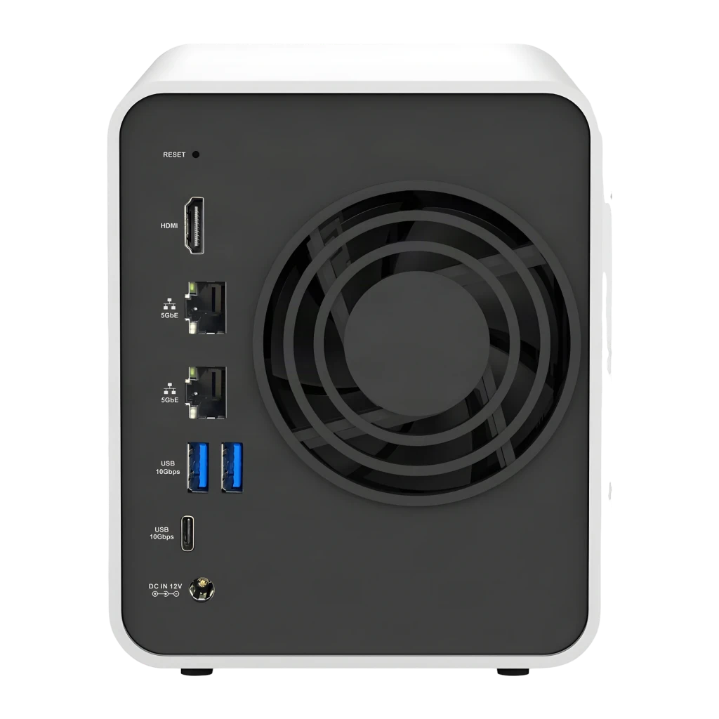 Serveur NAS TerraMaster 8 Go 4 Baies Sans Disque 2×5GbE F4-425 Plus, vue arrière: ports HDMI, 2×5GbE, 2×USB 10Gbps, DC 12V