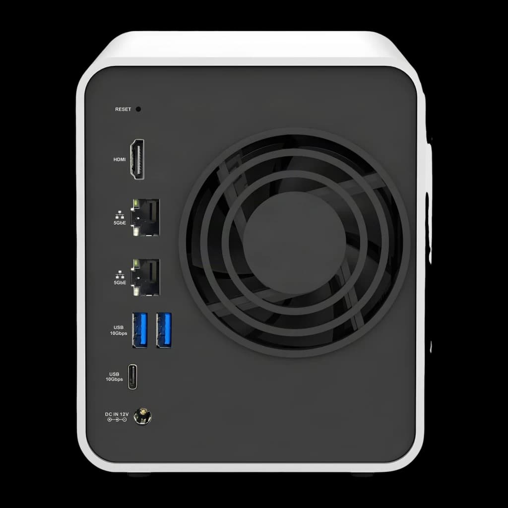 Serveur NAS TerraMaster 8 Go 4 Baies Sans Disque 2×5GbE F4-425 Plus, vue arrière: ports HDMI, 2×5GbE, 2×USB 10Gbps, DC 12V