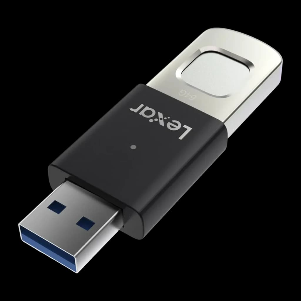 Pendrive Lexar JumpDrive Fingerprint F35 Pro 64GB USB 3.2 Gen 1 400MB/s Negro, vista frontal: cuerpo negro con logo Lexar