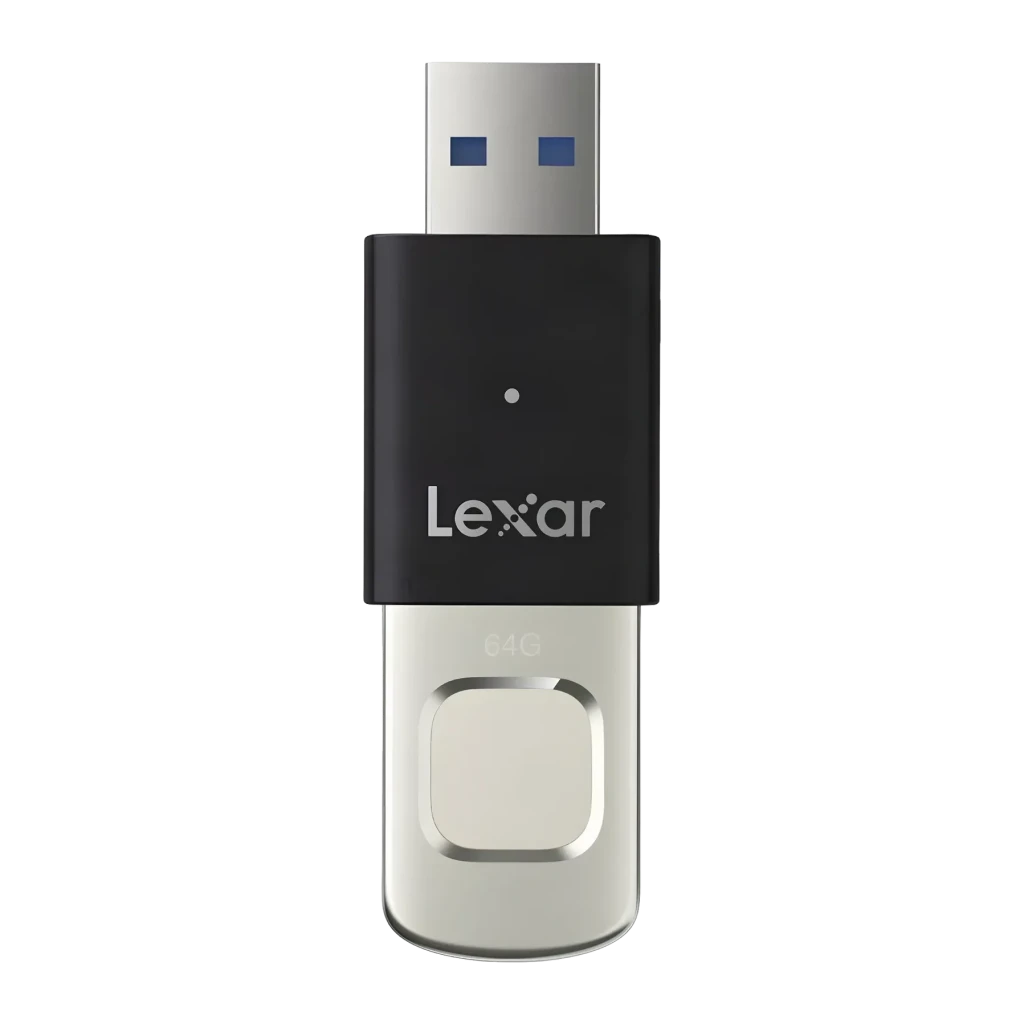 Pendrive Lexar JumpDrive Fingerprint F35 Pro 64GB USB 3.2 Gen 1 400MB/s Negro, detalle frontal: lector de huella dactilar
