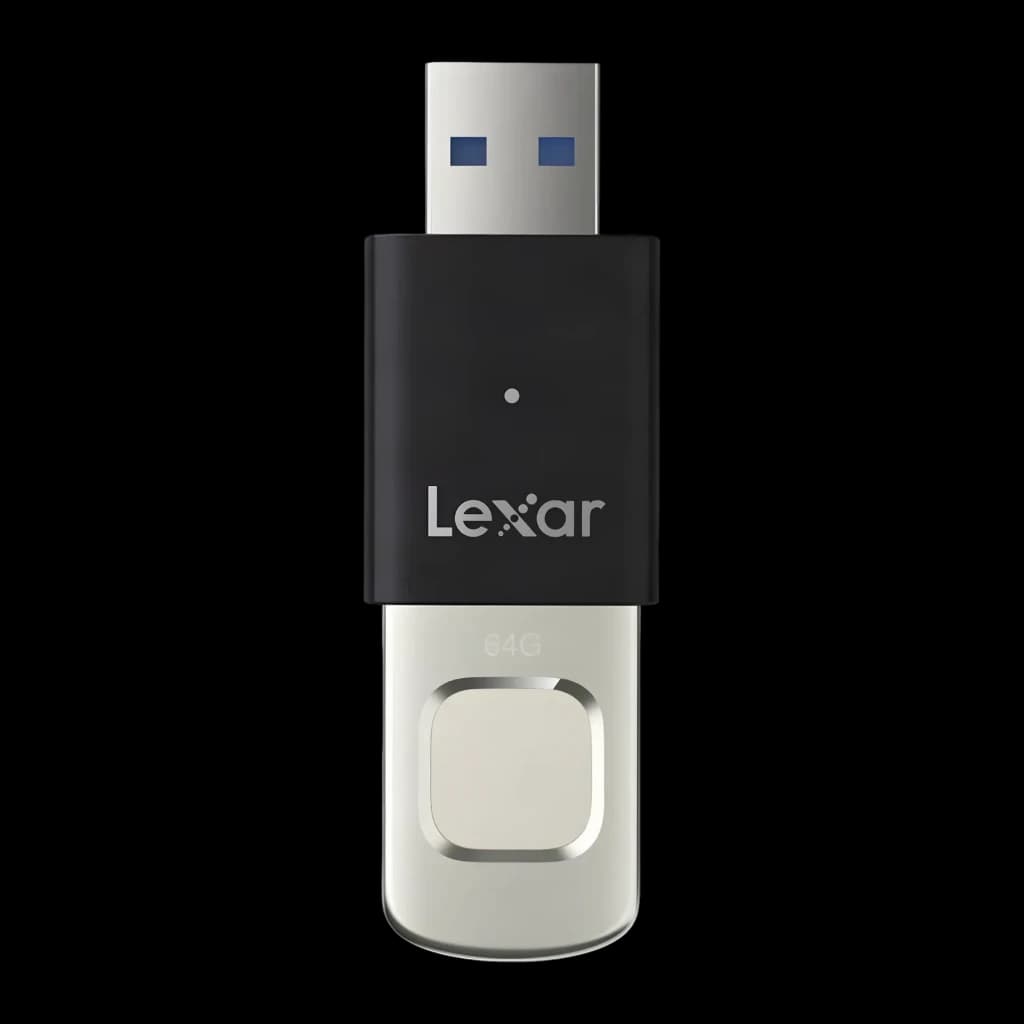 Pendrive Lexar JumpDrive Fingerprint F35 Pro 64GB USB 3.2 Gen 1 400MB/s Negro, detalle frontal: lector de huella dactilar