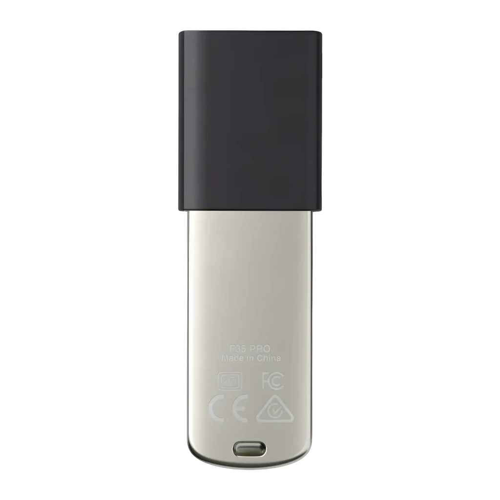 Pendrive Lexar JumpDrive Fingerprint F35 Pro 64GB USB 3.2 Gen 1 400MB/s Negro, vista trasera: cuerpo plateado con grabado