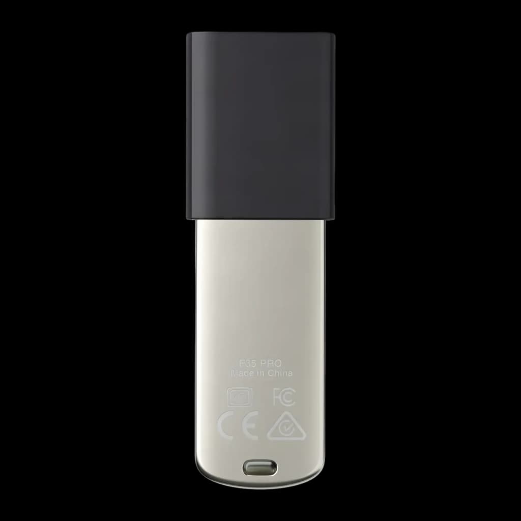 Pendrive Lexar JumpDrive Fingerprint F35 Pro 64GB USB 3.2 Gen 1 400MB/s Negro, vista trasera: cuerpo plateado con grabado