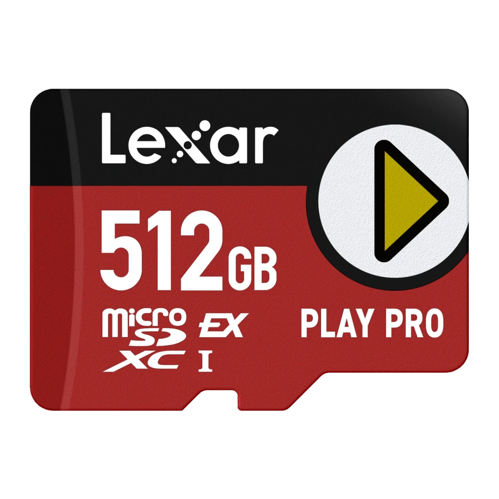Tarjeta microSD Lexar Play Pro microSDXC Express 512GB V30 U3, vista frontal: cuerpo rojo con logo Lexar, 512GB, icono play