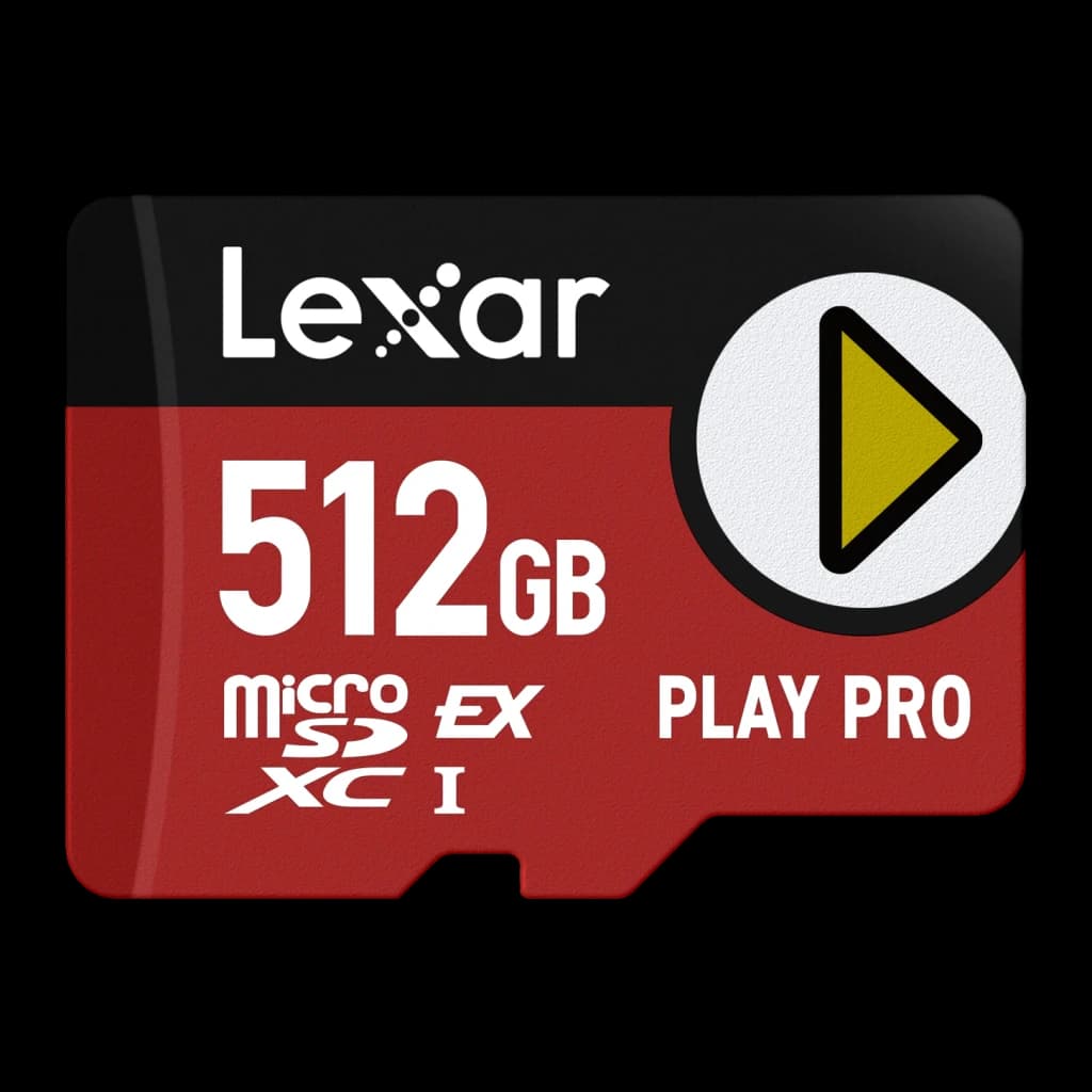 Tarjeta microSD Lexar Play Pro microSDXC Express 512GB V30 U3, vista frontal: cuerpo rojo con logo Lexar, 512GB, icono play