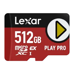 Tarjeta microSD Lexar Play Pro microSDXC Express 512GB V30 U3, vista frontal: cuerpo rojo con logo Lexar, 512GB, icono play