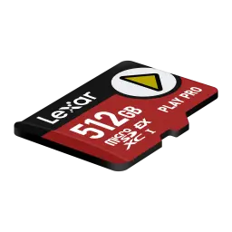 Tarjeta microSD Lexar Play Pro microSDXC Express 512GB V30 U3, detalle: vista en perspectiva con logo Play Pro y capacidad