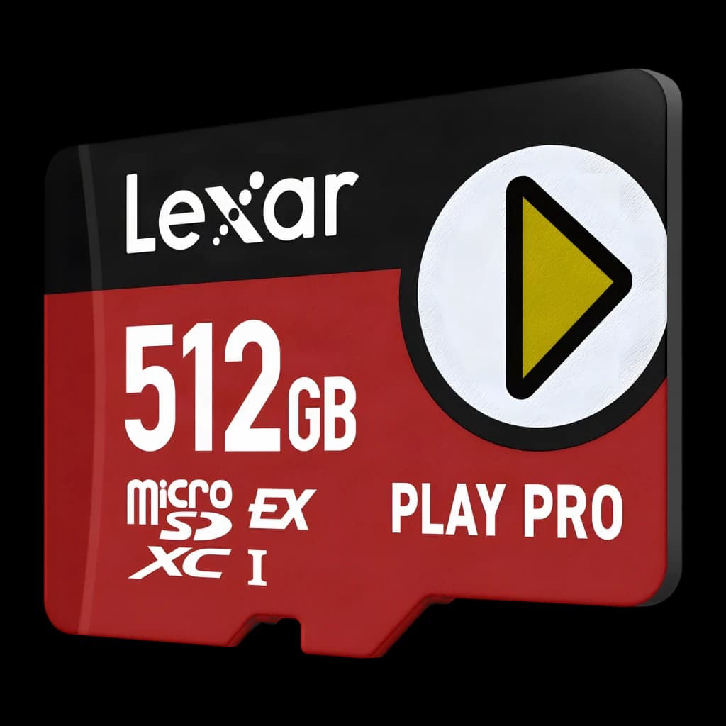 Tarjeta microSD Lexar Play Pro microSDXC Express 512GB V30 U3, detalle: cara frontal en ángulo, diseño rojo y negro con logo