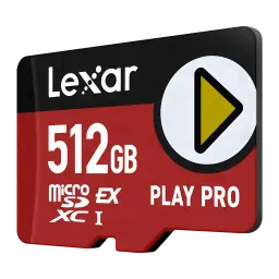 Tarjeta microSD Lexar Play Pro microSDXC Express 512GB V30 U3, detalle: cara frontal en ángulo, diseño rojo y negro con logo