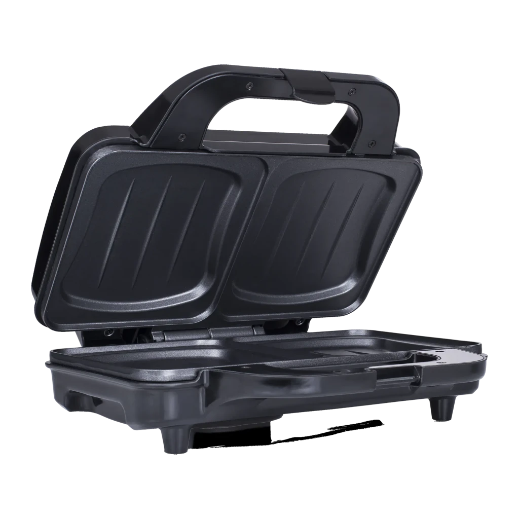Sandwichera TriStar Antiadherente 900W Negro SA-3060, detalle: placas antiadherentes acanaladas abiertas y asa superior