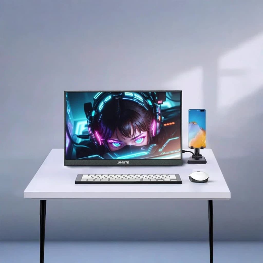 Écran Portable ANMITE 16 pouces 144Hz WUXGA 1920×1200 IPS 1ms Noir A160W03H, en utilisation: sur bureau avec clavier, souris