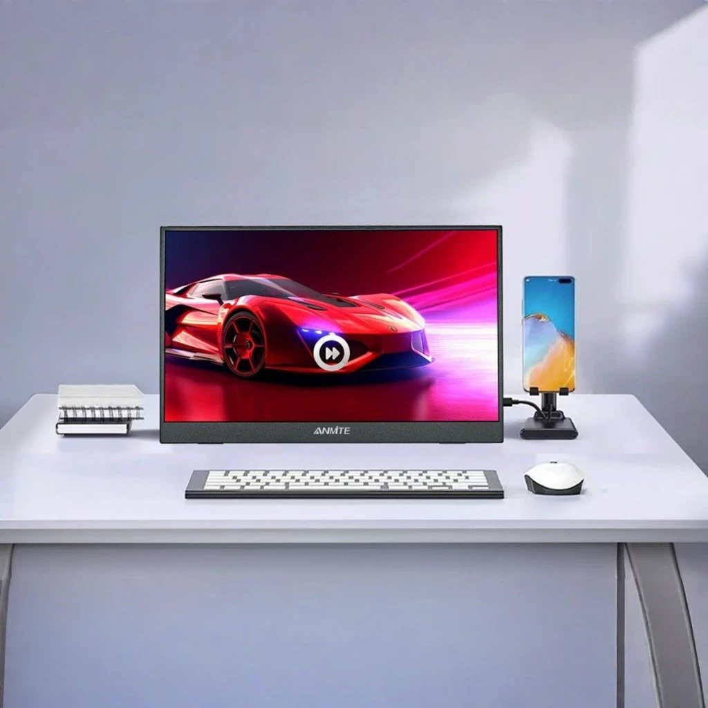 Écran Portable ANMITE 14 pouces WUXGA 1920×1200 IPS 60Hz 5ms Noir A140W05, en utilisation: sur bureau avec clavier, souris