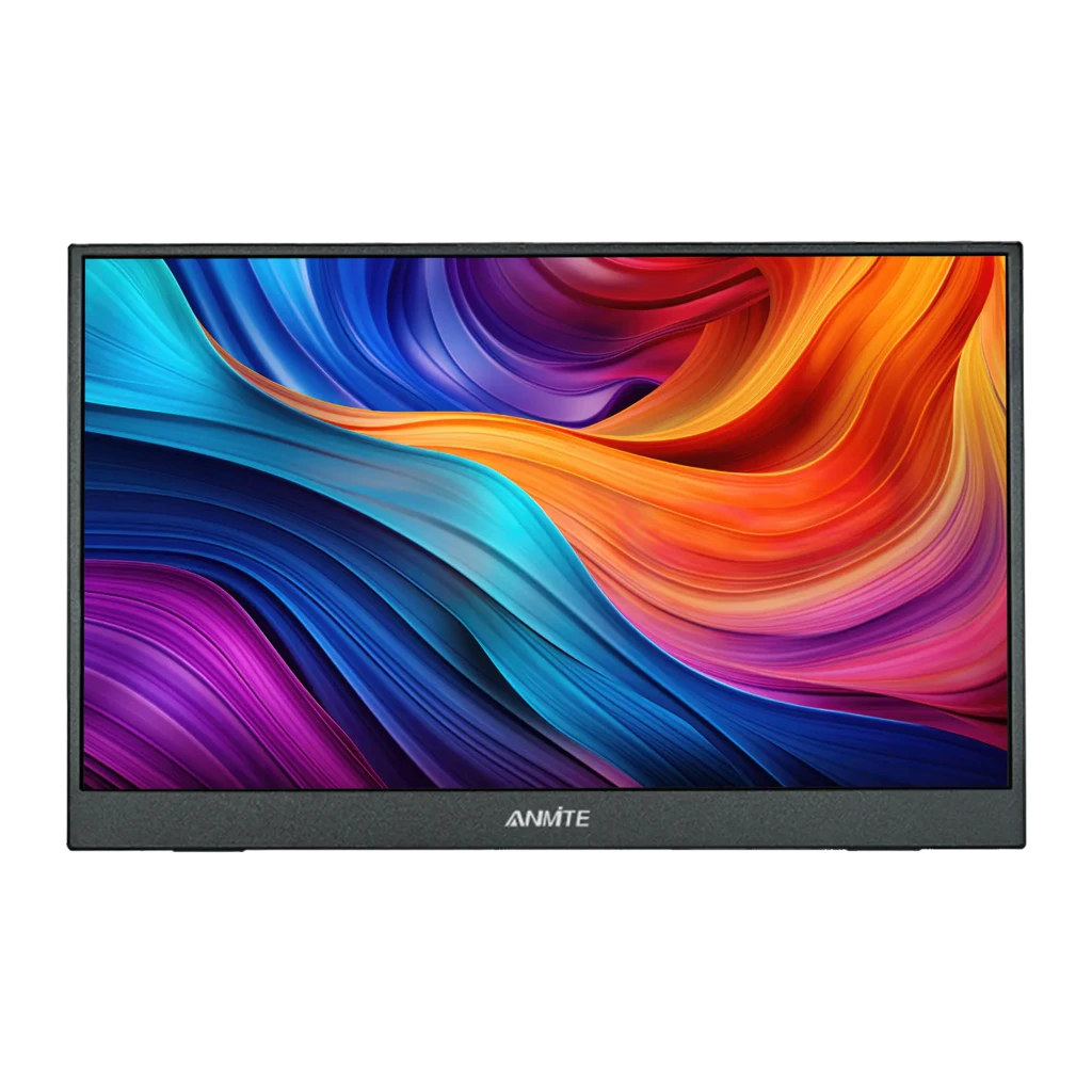 Écran Portable ANMITE 14 pouces WUXGA 1920×1200 IPS 60Hz 5ms Noir A140W05, détail: face avant avec ondes colorées vibrantes