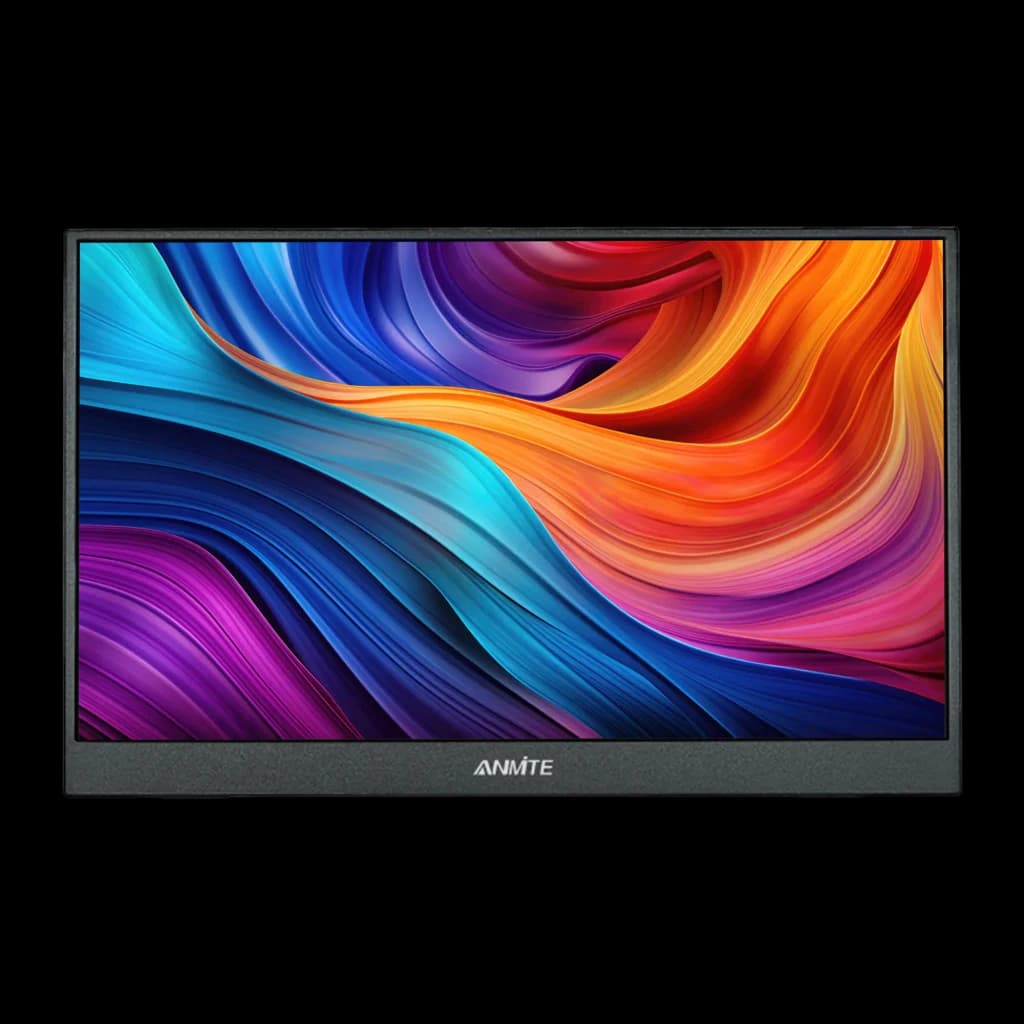 Écran Portable ANMITE 14 pouces WUXGA 1920×1200 IPS 60Hz 5ms Noir A140W05, détail: face avant avec ondes colorées vibrantes
