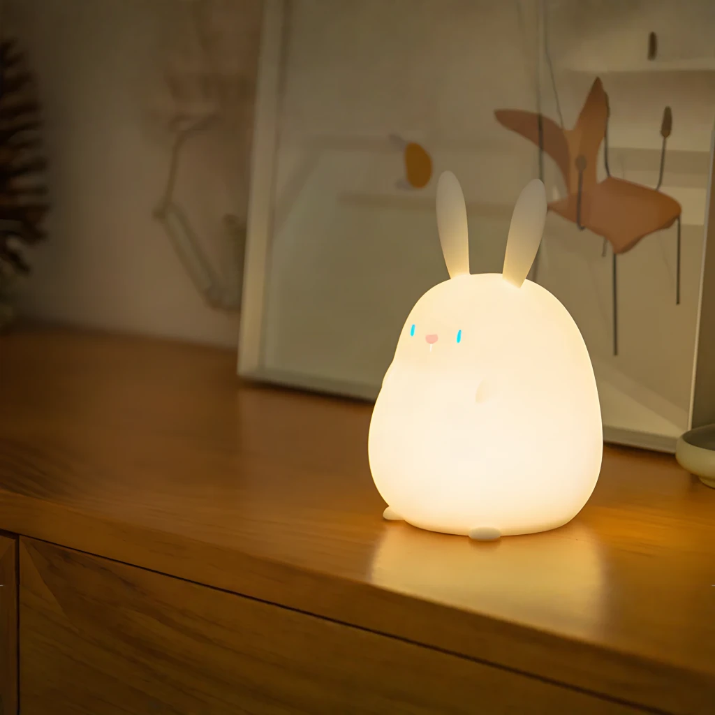 Veilleuse Enfant Superfire Little Rabbit Blanc RAB-02, en utilisation: allumée sur meuble en bois diffusant une lumière