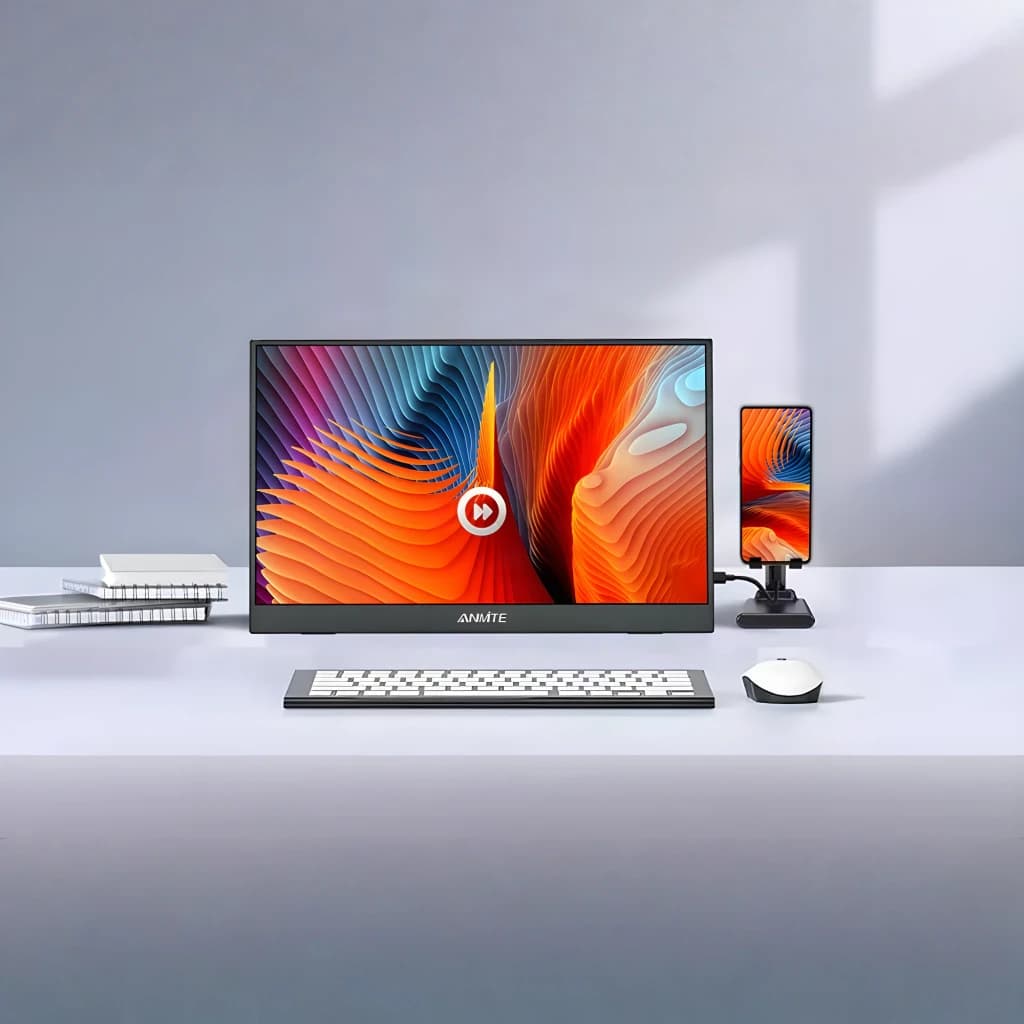 Écran Portable ANMITE 16 pouces WUXGA 1920×1200 IPS 100% sRGB 60Hz Noir A160W04, en utilisation: sur bureau avec clavier
