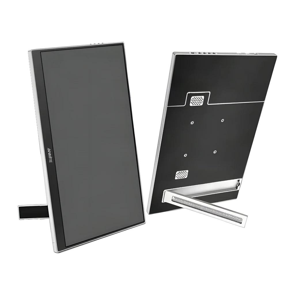 Écran Portable ANMITE 16 pouces WUXGA 1920×1200 IPS 100% sRGB 60Hz Noir A160W04, détail: vues avant et arrière avec pied