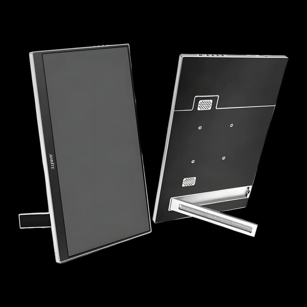 Écran Portable ANMITE 16 pouces WUXGA 1920×1200 IPS 100% sRGB 60Hz Noir A160W04, détail: vues avant et arrière avec pied