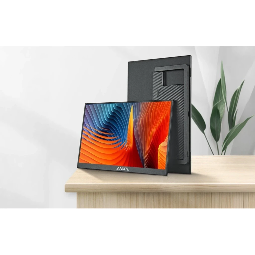 Moniteur Portable Anmite 16 pouces WUXGA 1920×1200 IPS 60Hz 3ms Noir A160W03, vue arrière: dos texture carbone avec support