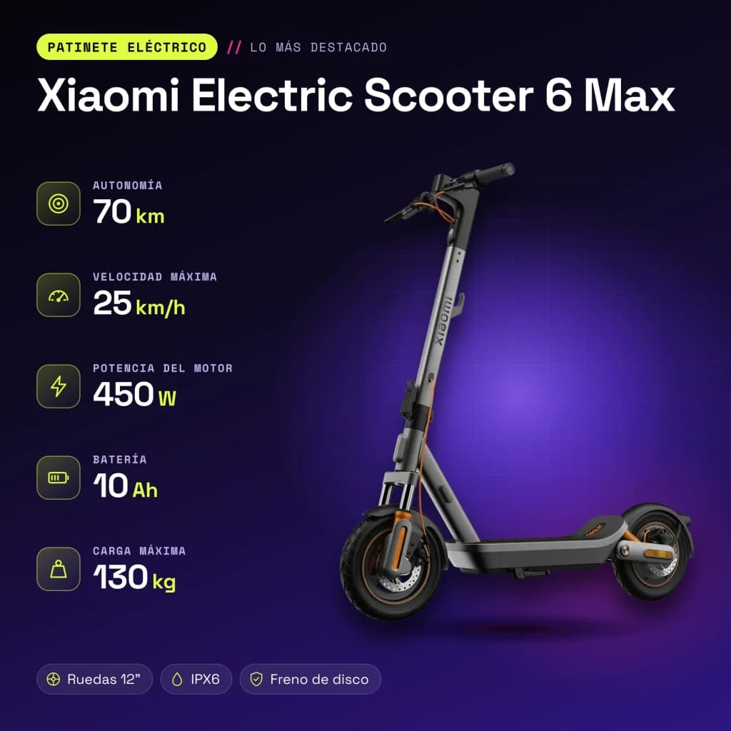 Trottinette Électrique Xiaomi Electric Scooter 6 Max 450W 70km 25km/h 12 pouces Noir - caractéristiques