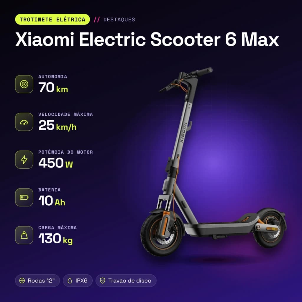 Trottinette Électrique Xiaomi Electric Scooter 6 Max 450W 70km 25km/h 12 pouces Noir - caractéristiques